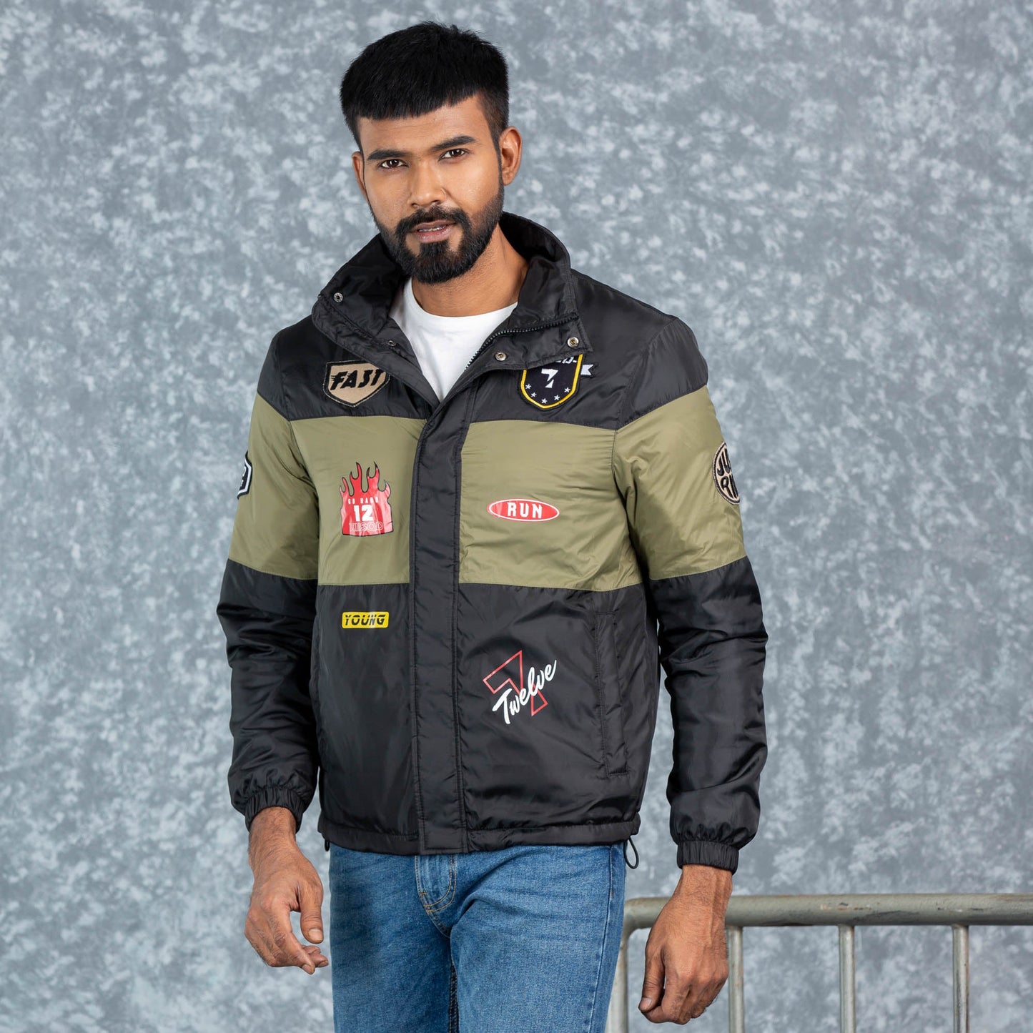 MENS BOMBER-OLIVE/WHITE/NAVY