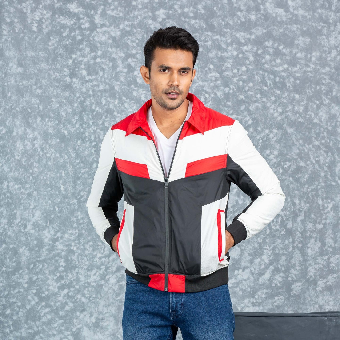 Mens Bomber Jacket- Red/White/Black