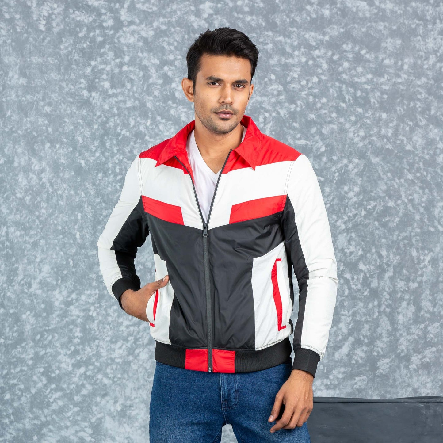 Mens Bomber Jacket- Red/White/Black