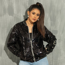 Load image into Gallery viewer, Womens Sequin Bomber- Black
