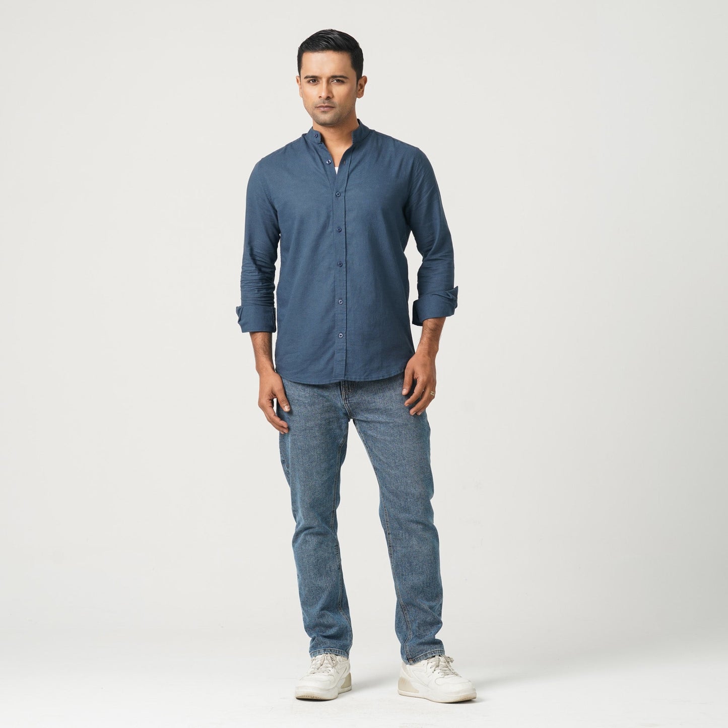 Men’s Linen Blended Band Collar Shirt
