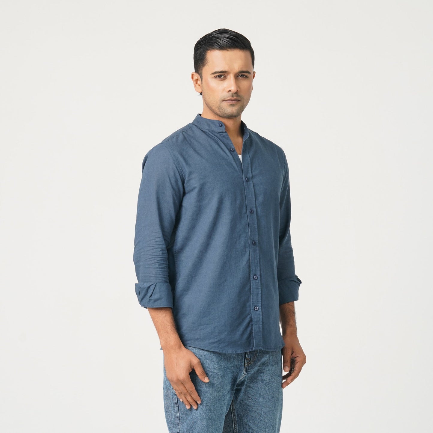 Men’s Linen Blended Band Collar Shirt