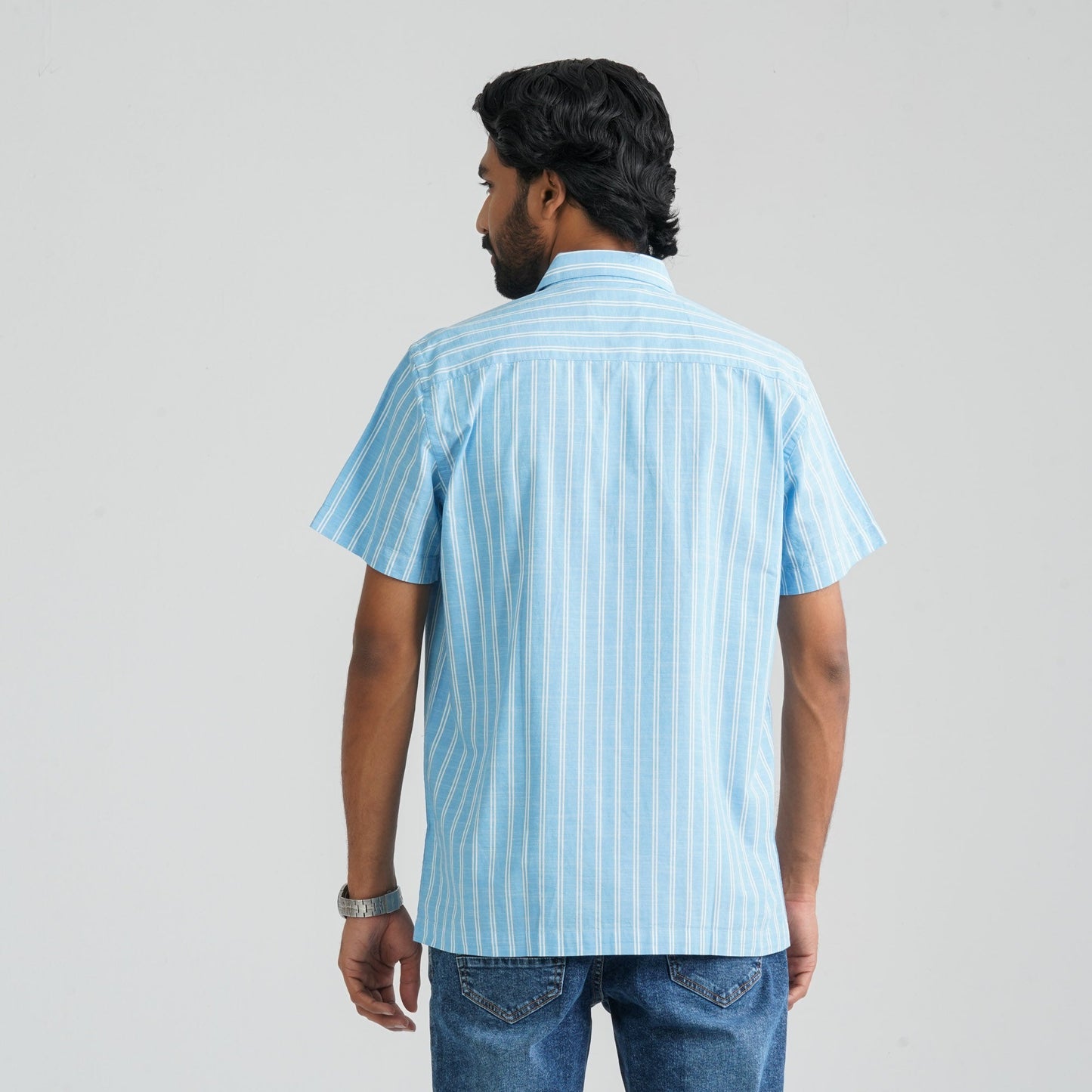 Men Sky & White Cotton Shirt