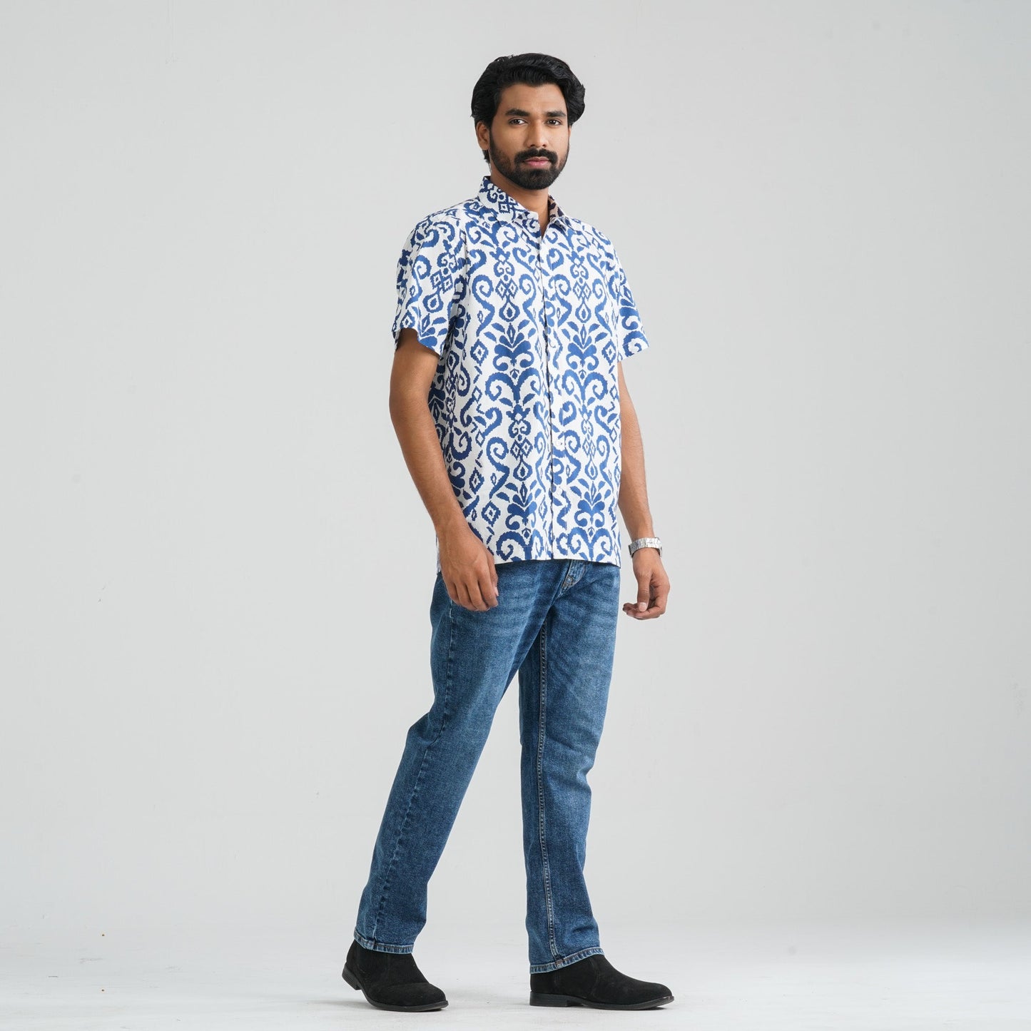 Men Navy & White Cotton Shirt