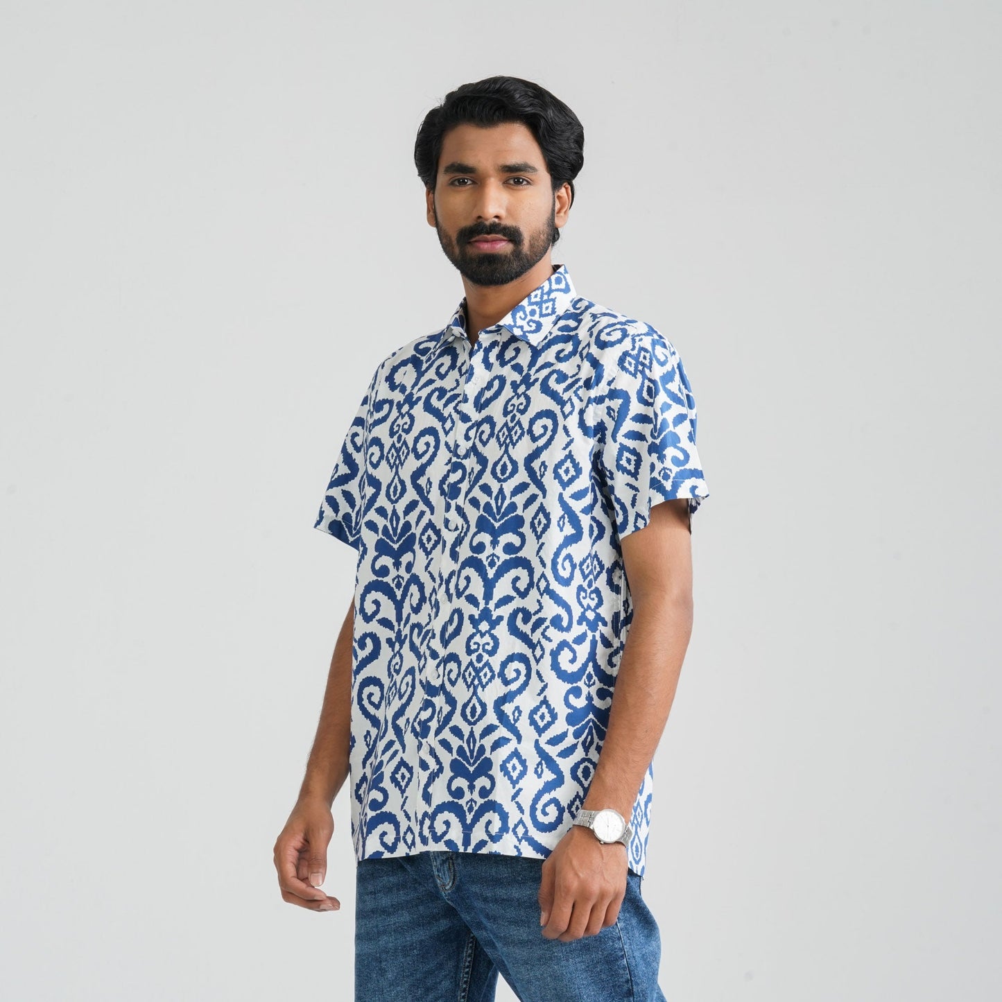 Men Navy & White Cotton Shirt