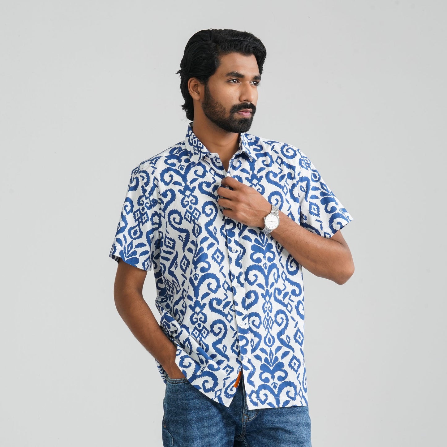Men Navy & White Cotton Shirt