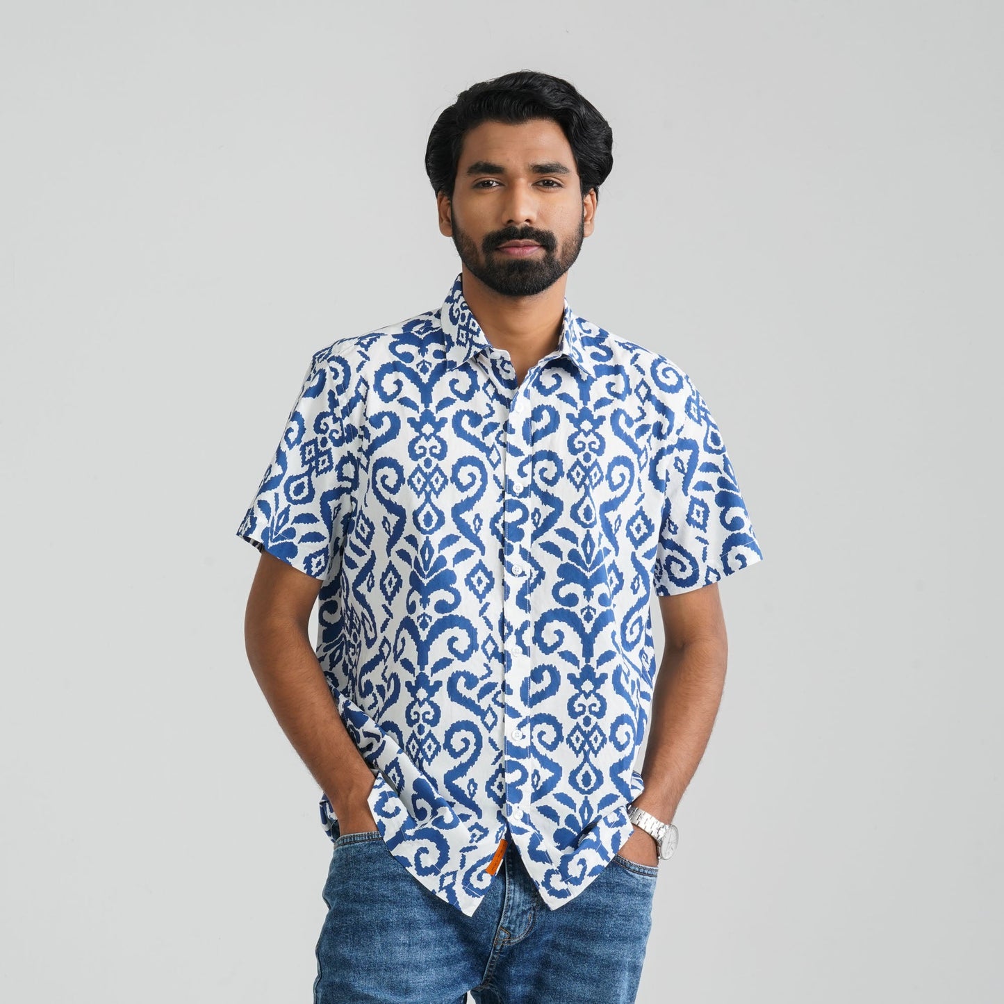 Men Navy & White Cotton Shirt
