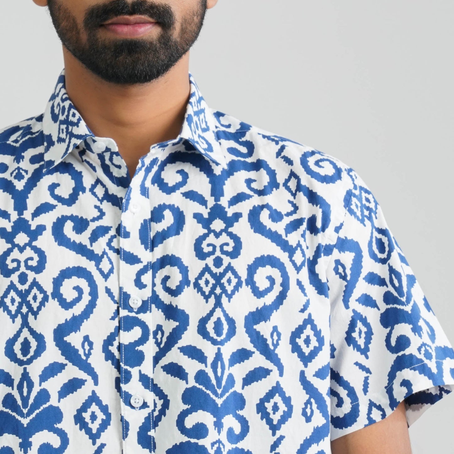 Men Navy & White Cotton Shirt