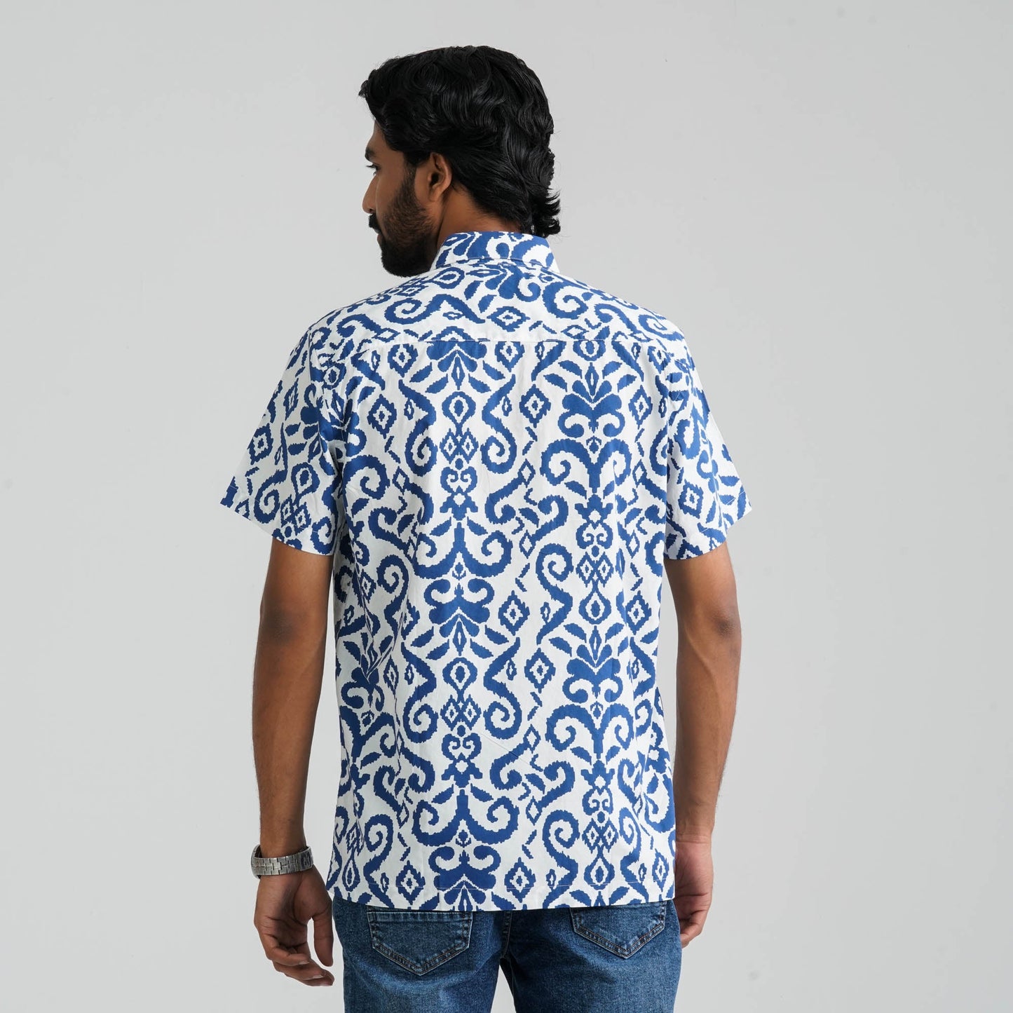 Men Navy & White Cotton Shirt