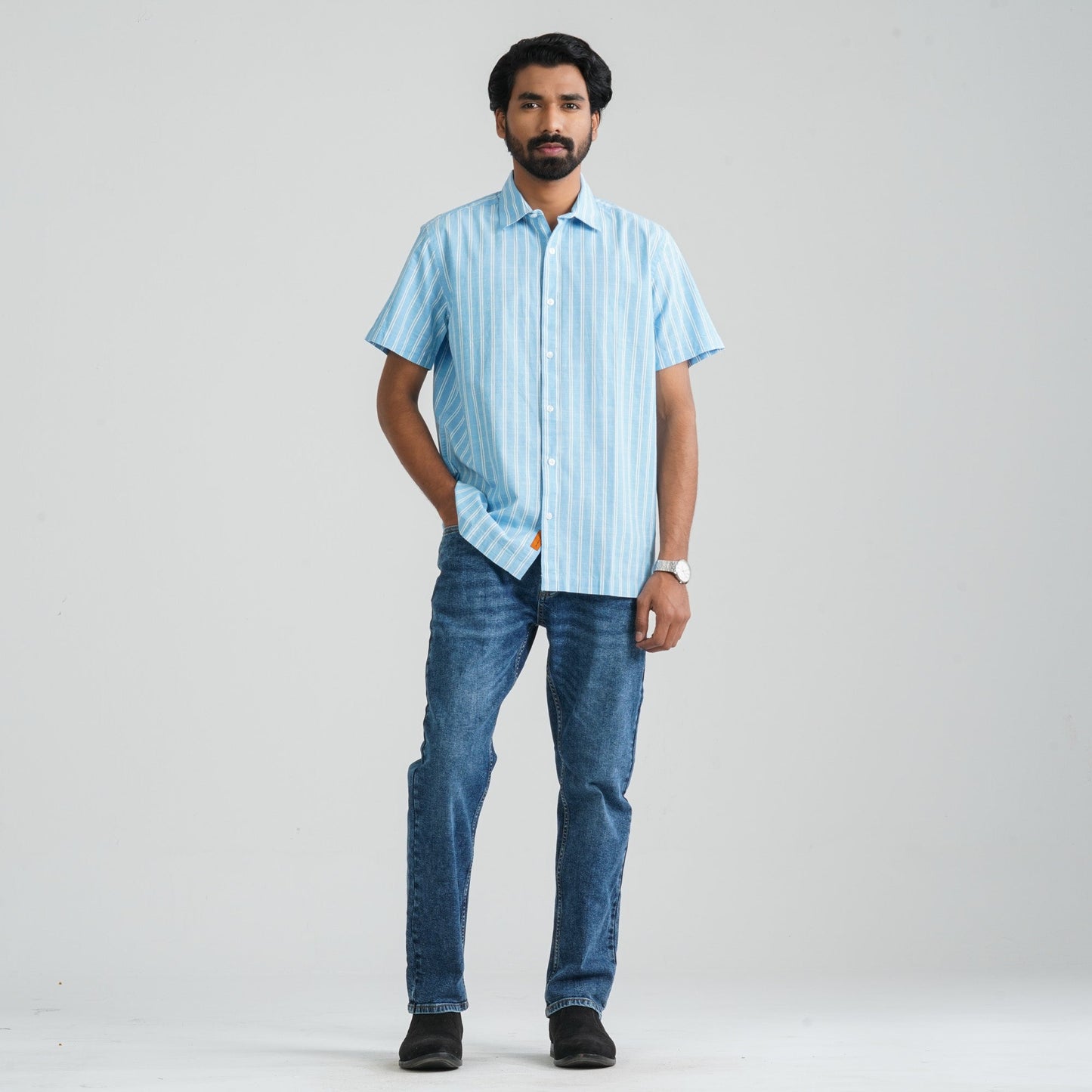 Men Sky & White Cotton Shirt