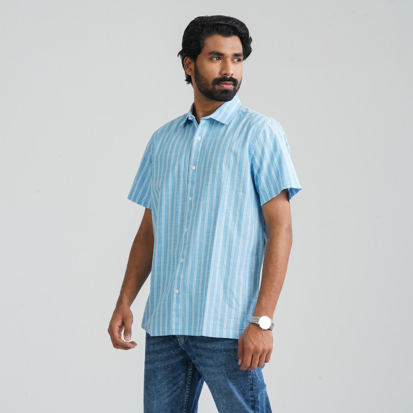 Men Sky & White Cotton Shirt