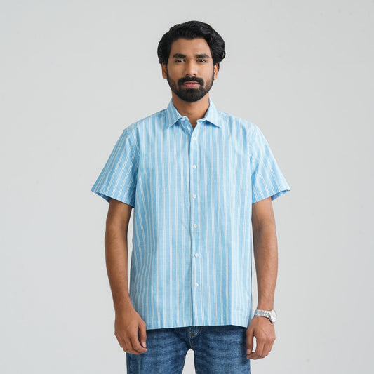 Men Sky & White Cotton Shirt