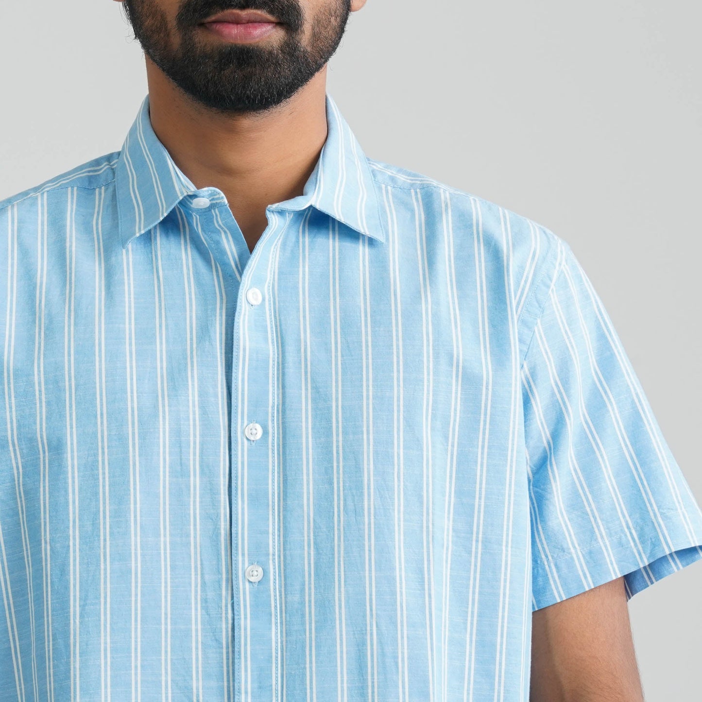 Men Sky & White Cotton Shirt