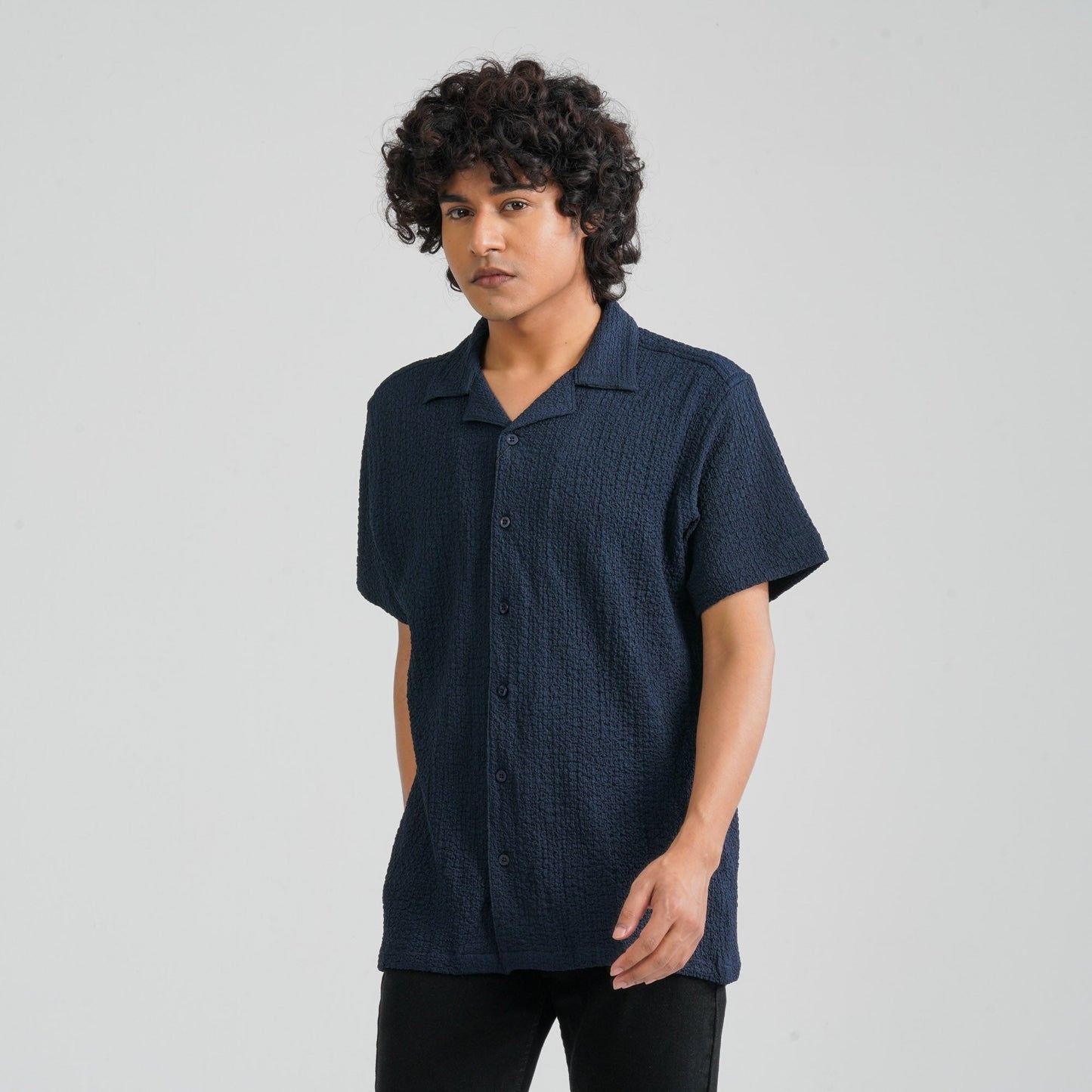 Men Navy Poly-Cotton Shirt
