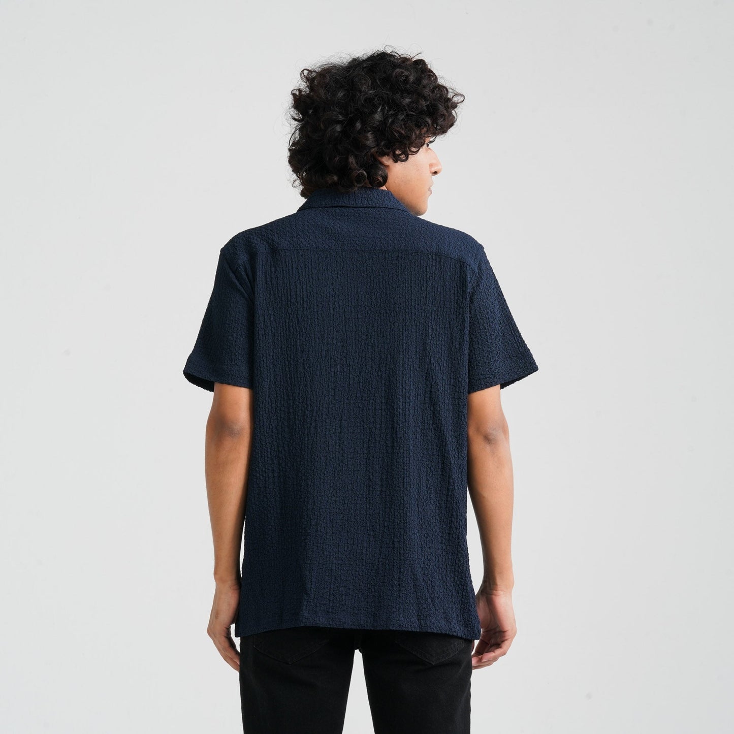 Men Navy Poly-Cotton Shirt