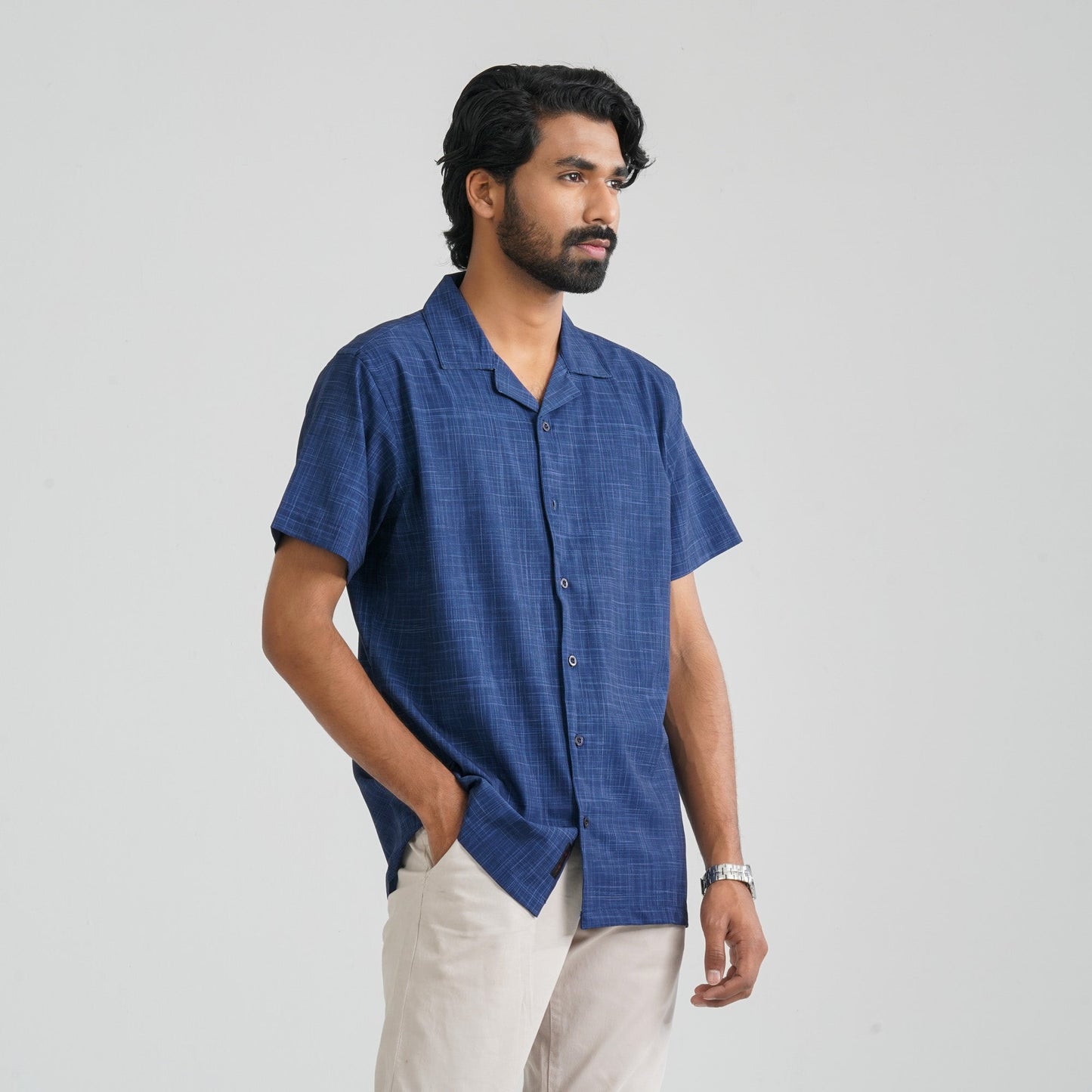 Men Navy Check Poly-Cotton Shirt