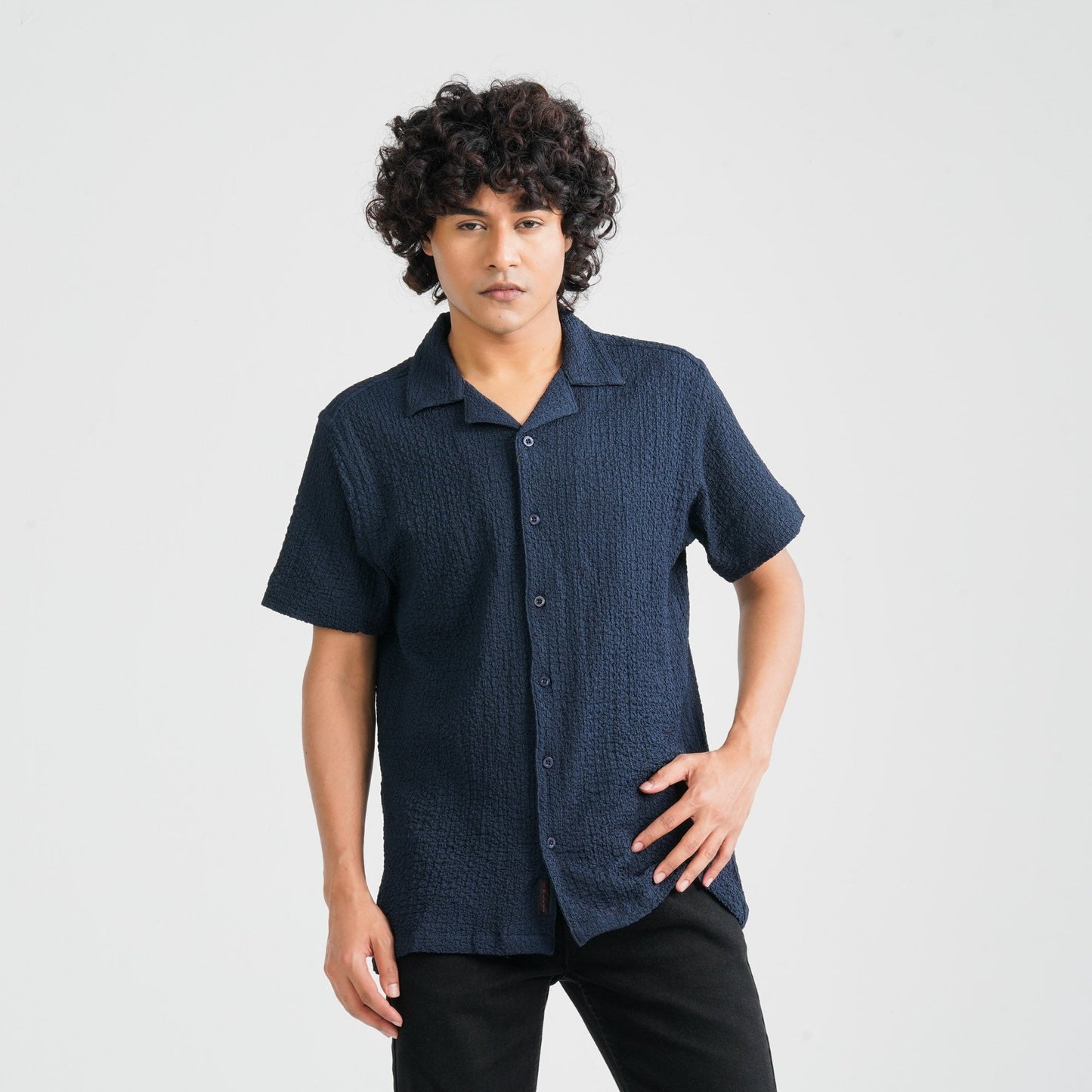 Men Navy Poly-Cotton Shirt