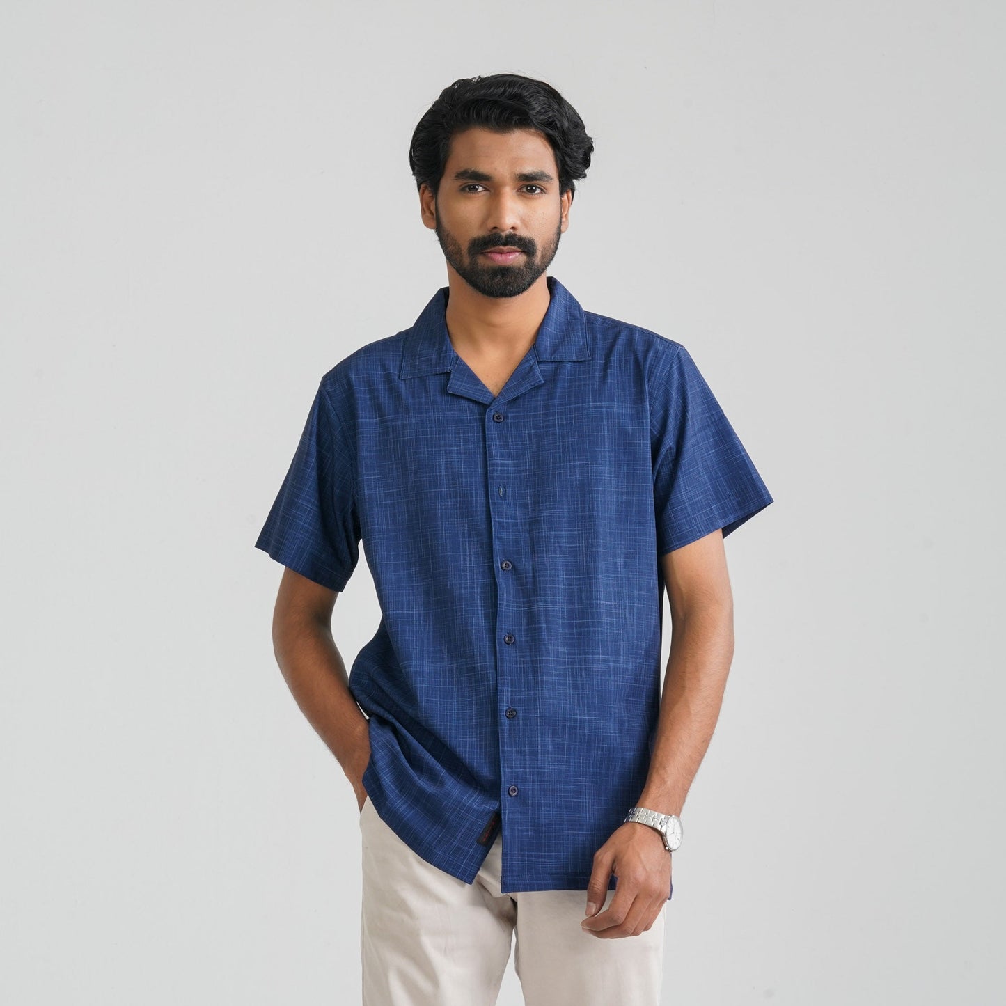 Men Navy Check Poly-Cotton Shirt