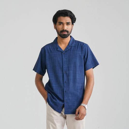 Men Navy Check Poly-Cotton Shirt