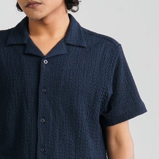 Men Navy Poly-Cotton Shirt