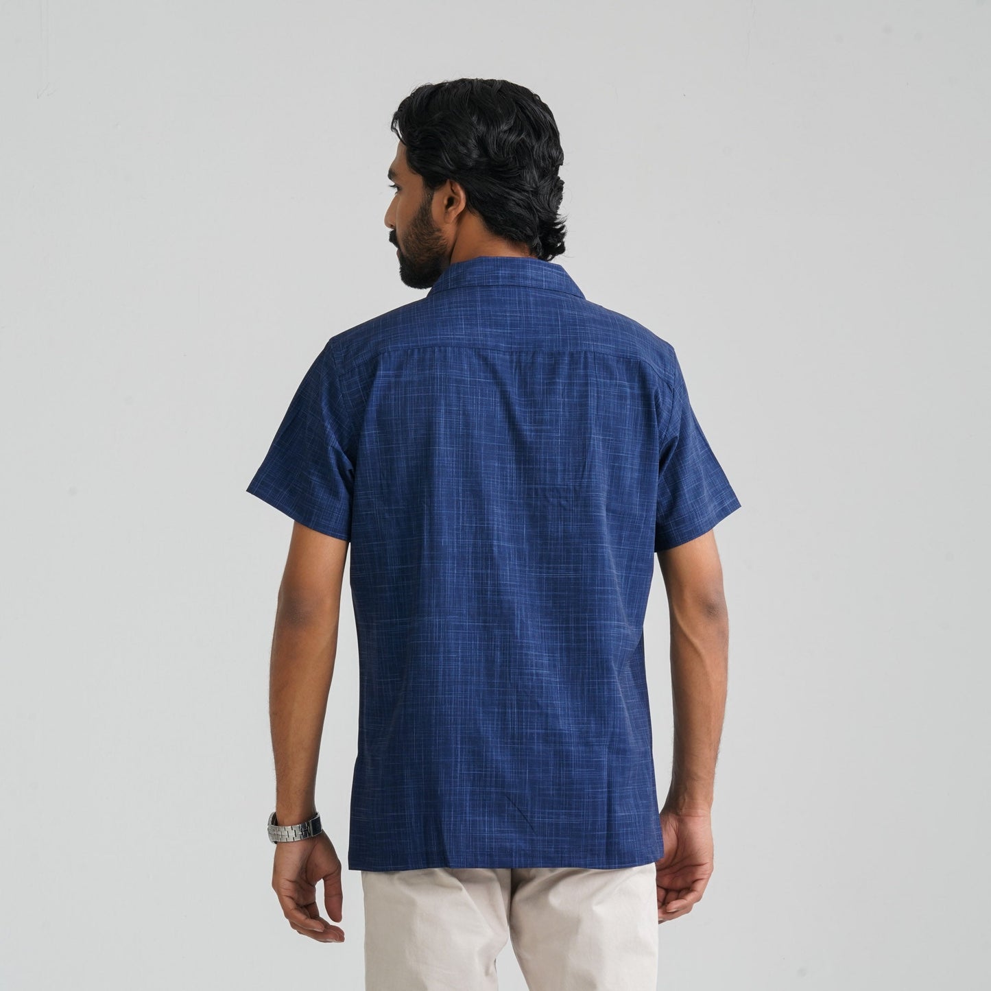 Men Navy Check Poly-Cotton Shirt