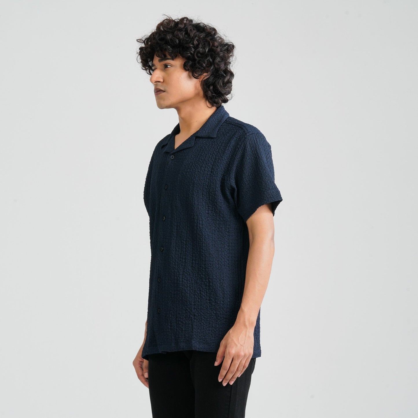 Men Navy Poly-Cotton Shirt