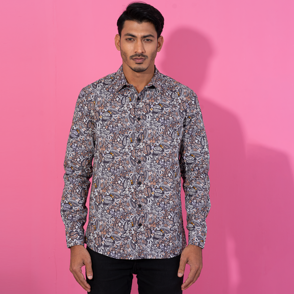 Men's Brown-White Floral Shirt