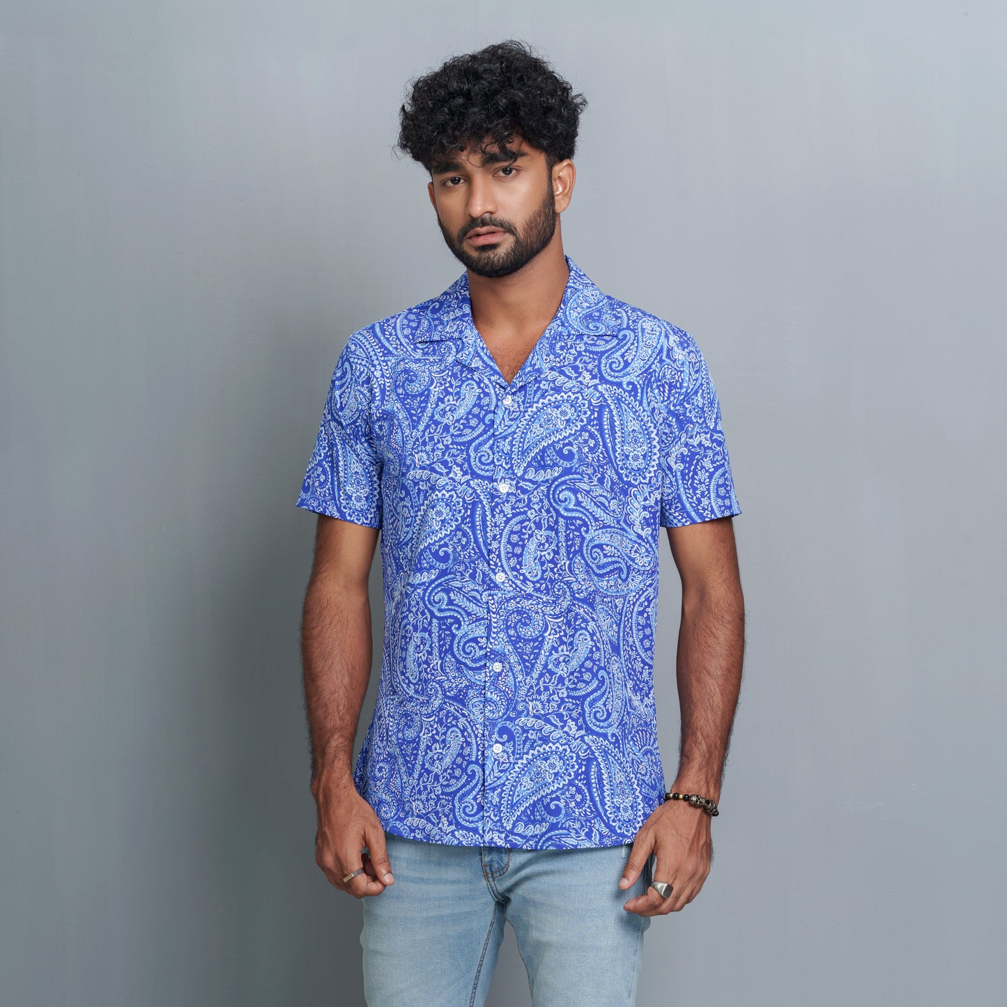 Mens Short Sleeve Shirt- Blue/White