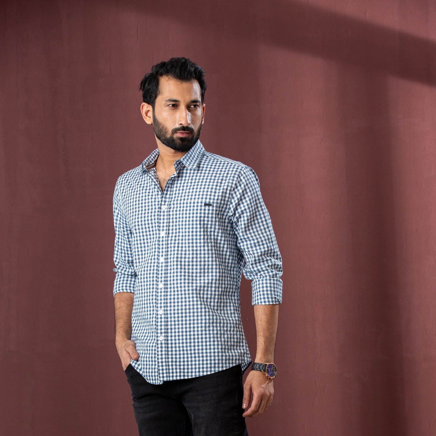 Mens L/S Shirt-Olive/White