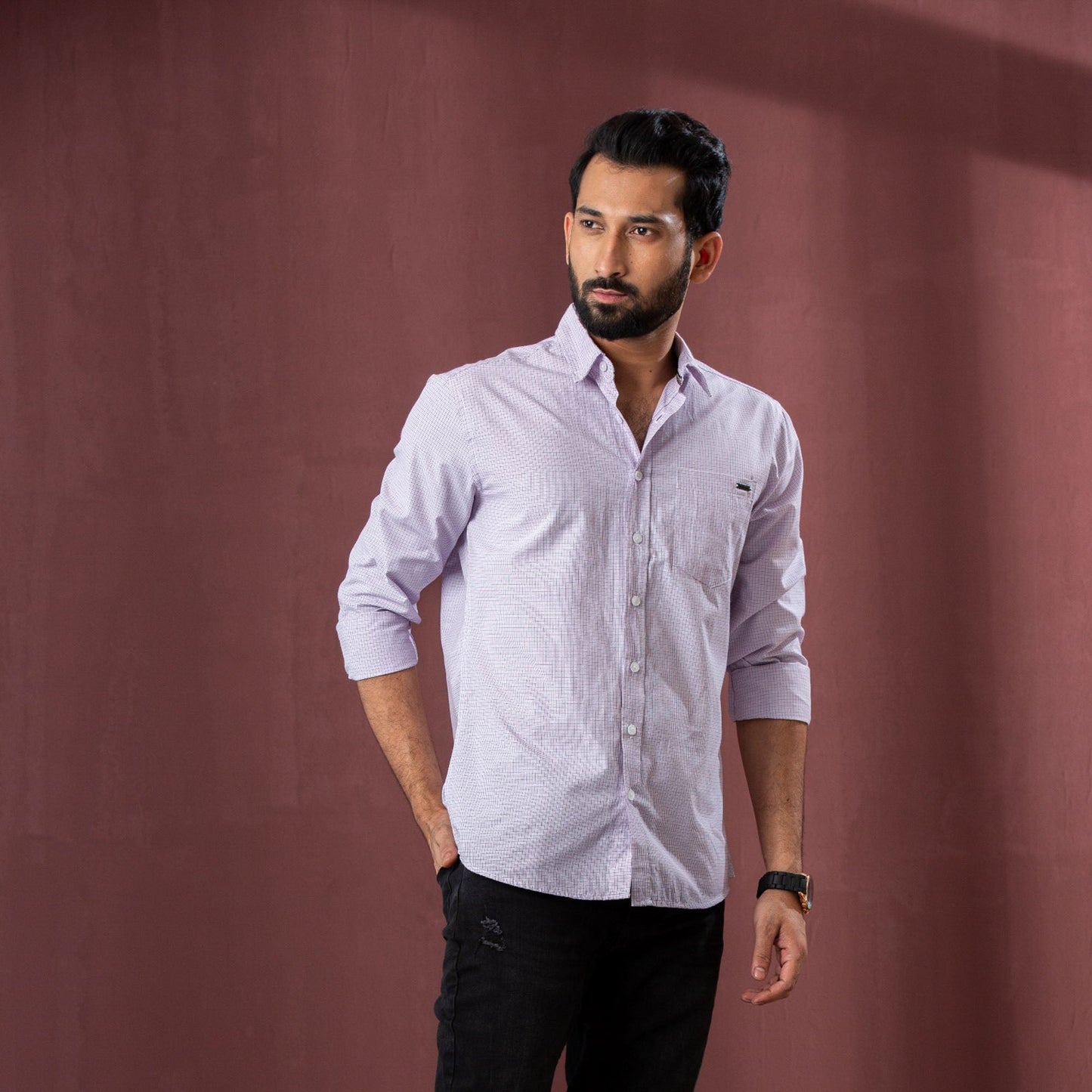 Mens L/S Shirt-Purple/White
