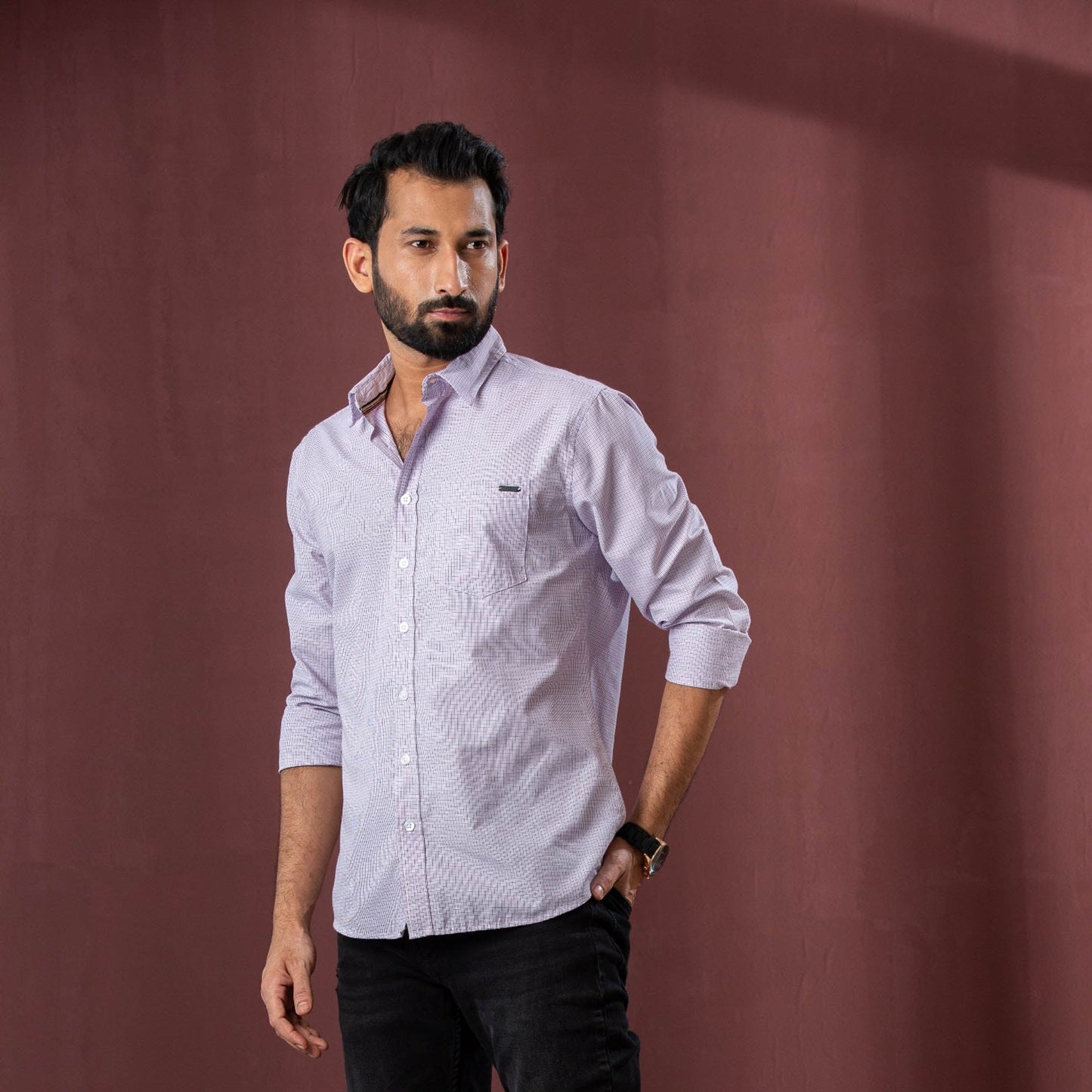 Mens L/S Shirt-Purple/White