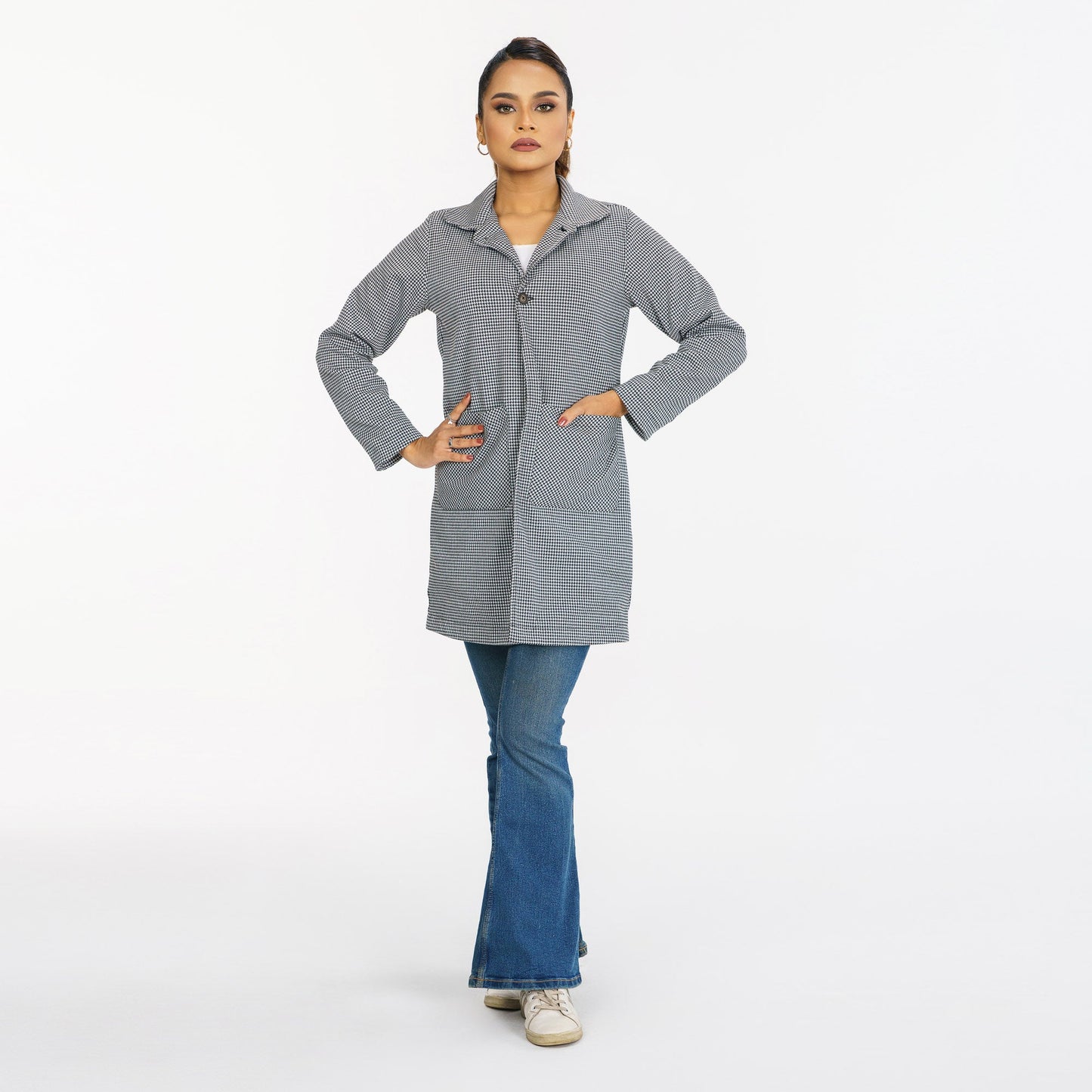 Womens Black & White Check Trench Coat