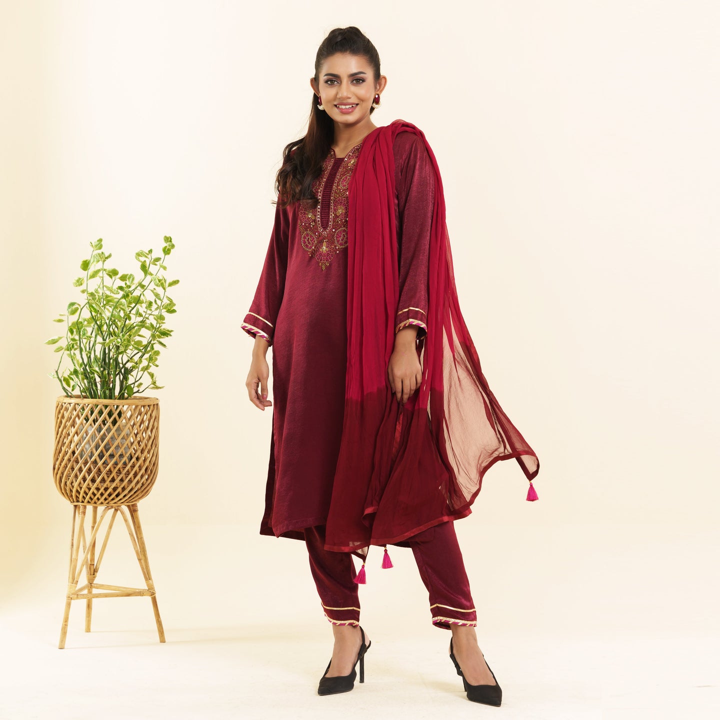 Women Maroon Embroidery 3-Piece Set