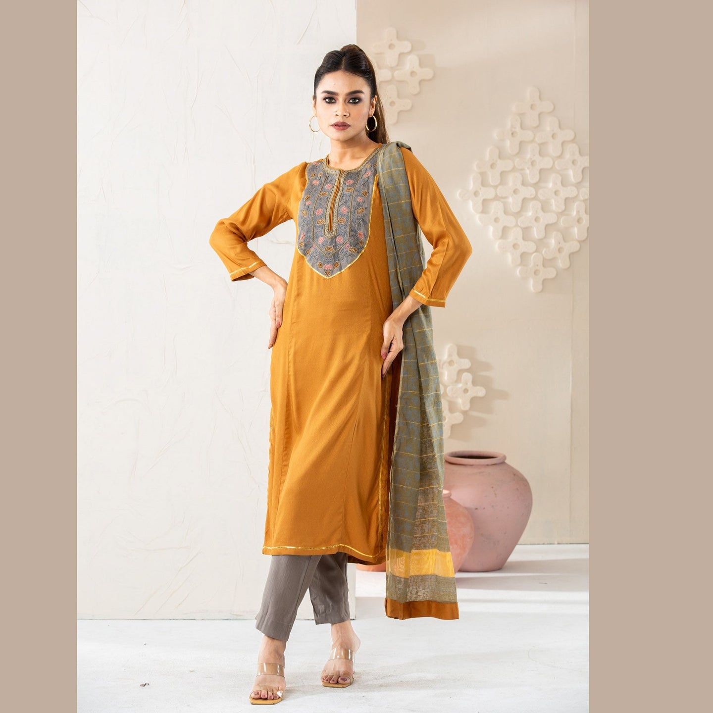 Womens Yellow Ochre Ethnic 3Pcs Set