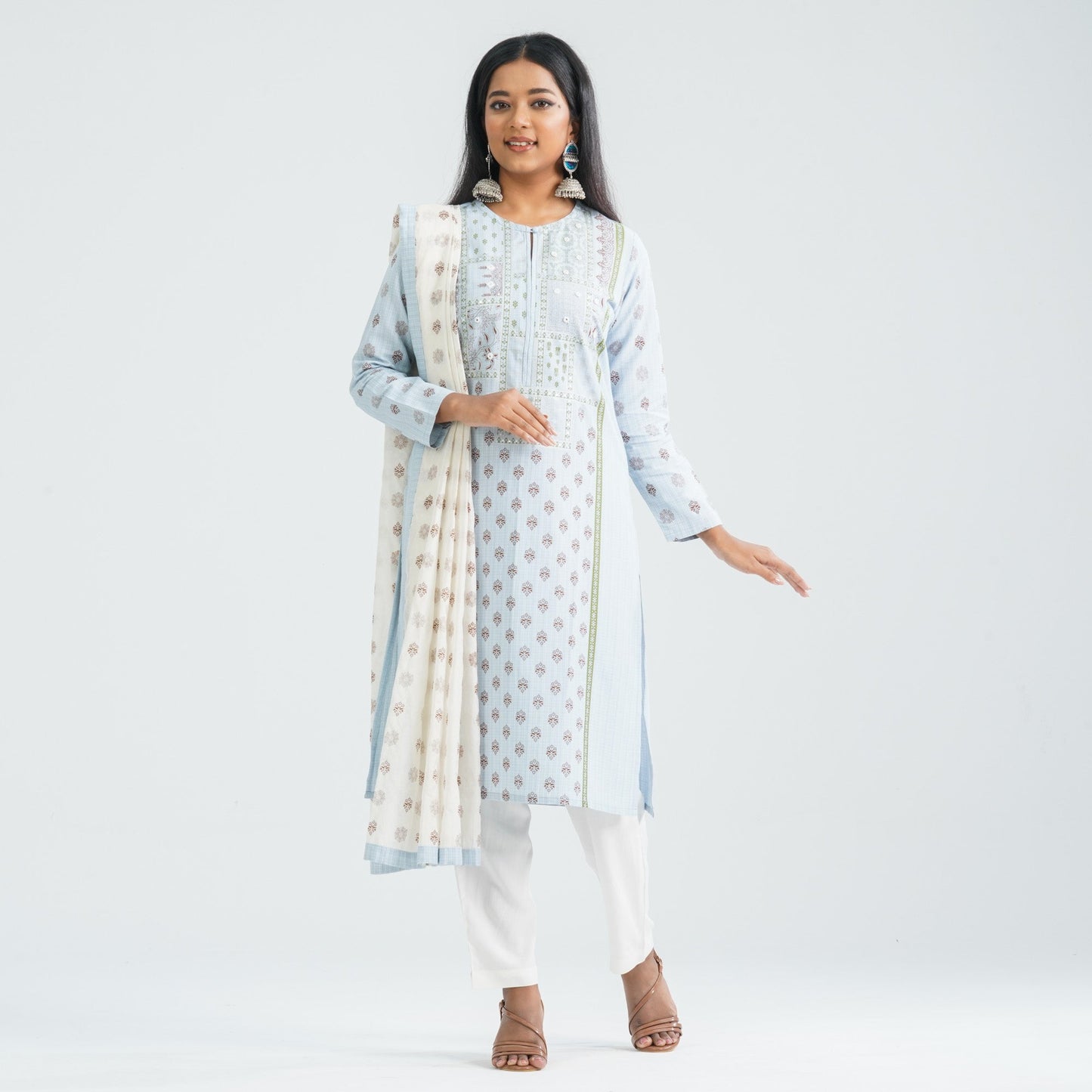Women Sky Cotton & Silk Three Piece Set