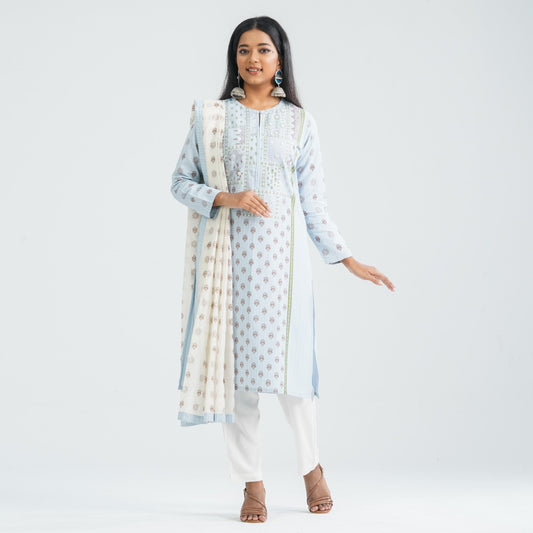 Women Sky Cotton & Silk Three Piece Set