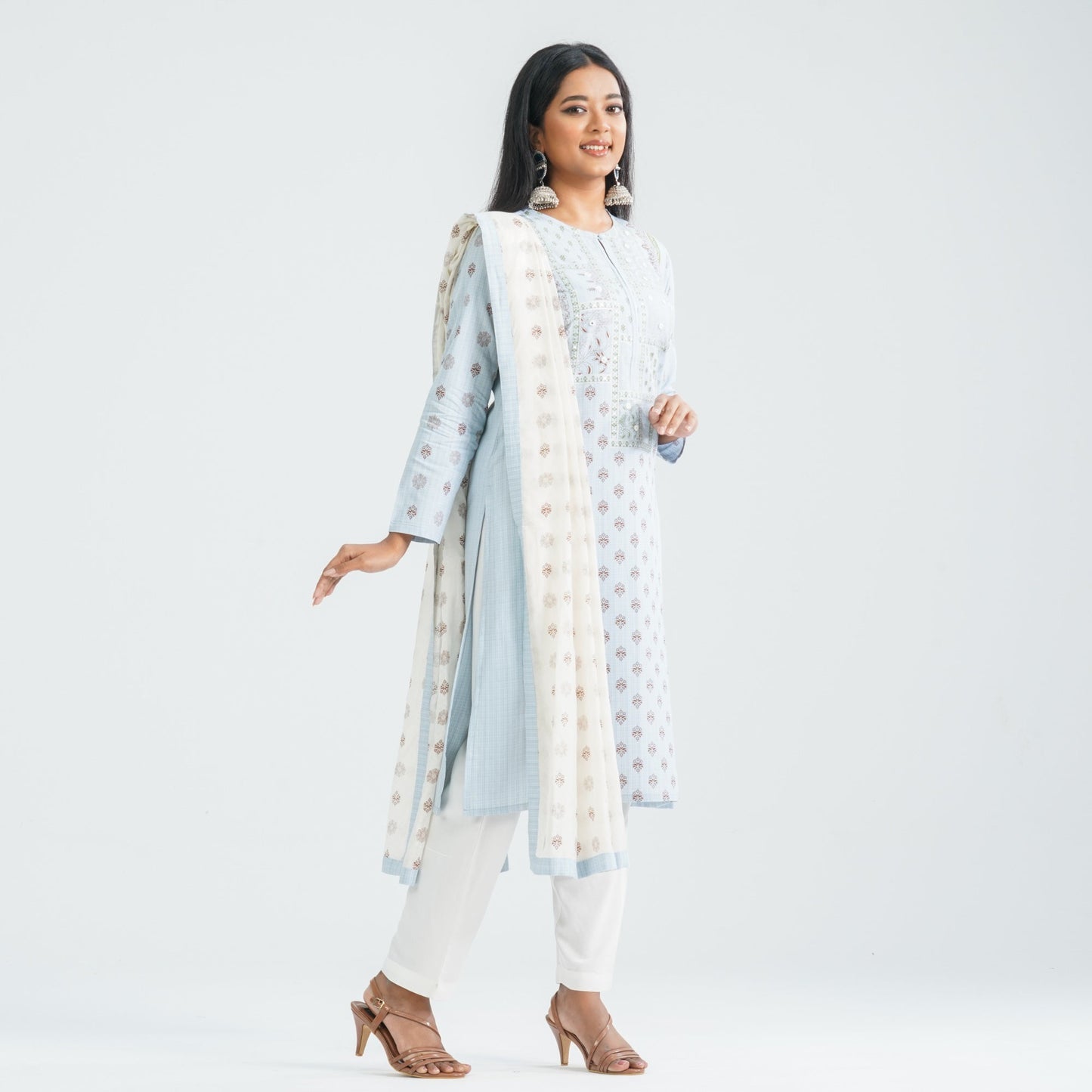 Women Sky Cotton & Silk Three Piece Set