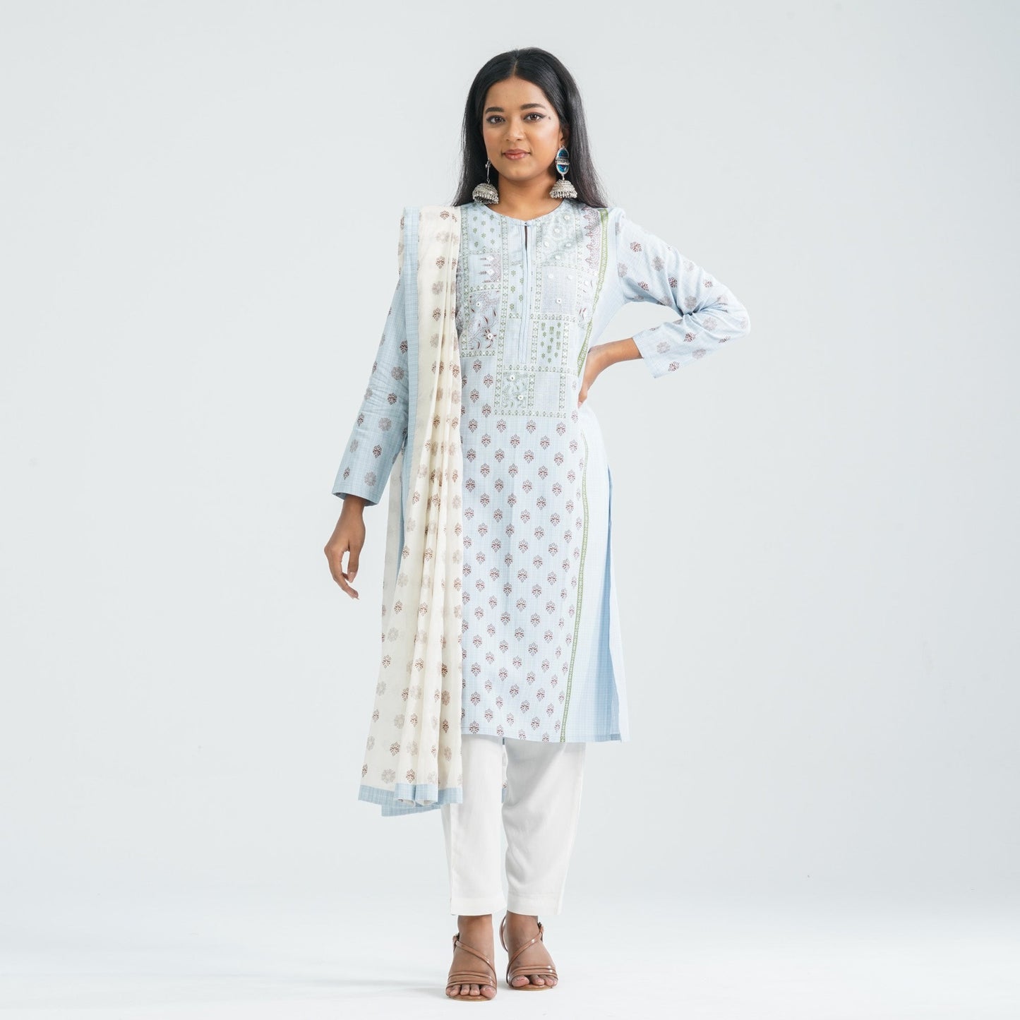 Women Sky Cotton & Silk Three Piece Set