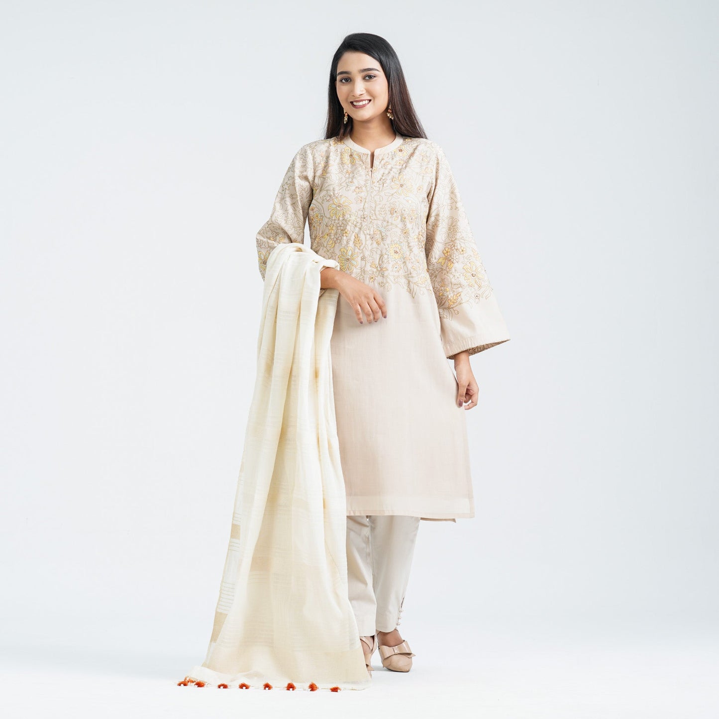 Womenâ€™s Beige Silk Three Piece Set