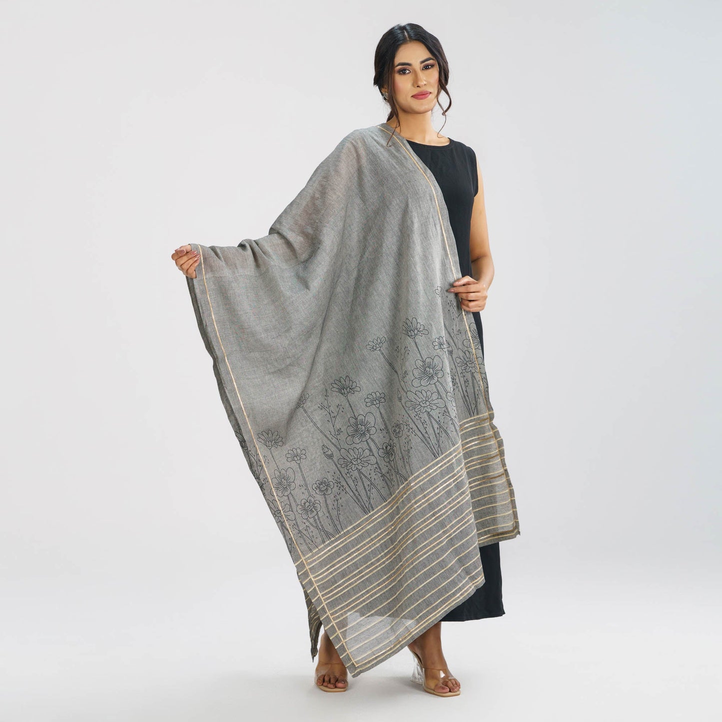 Women's Grey Screen Printed Ethnic Orna