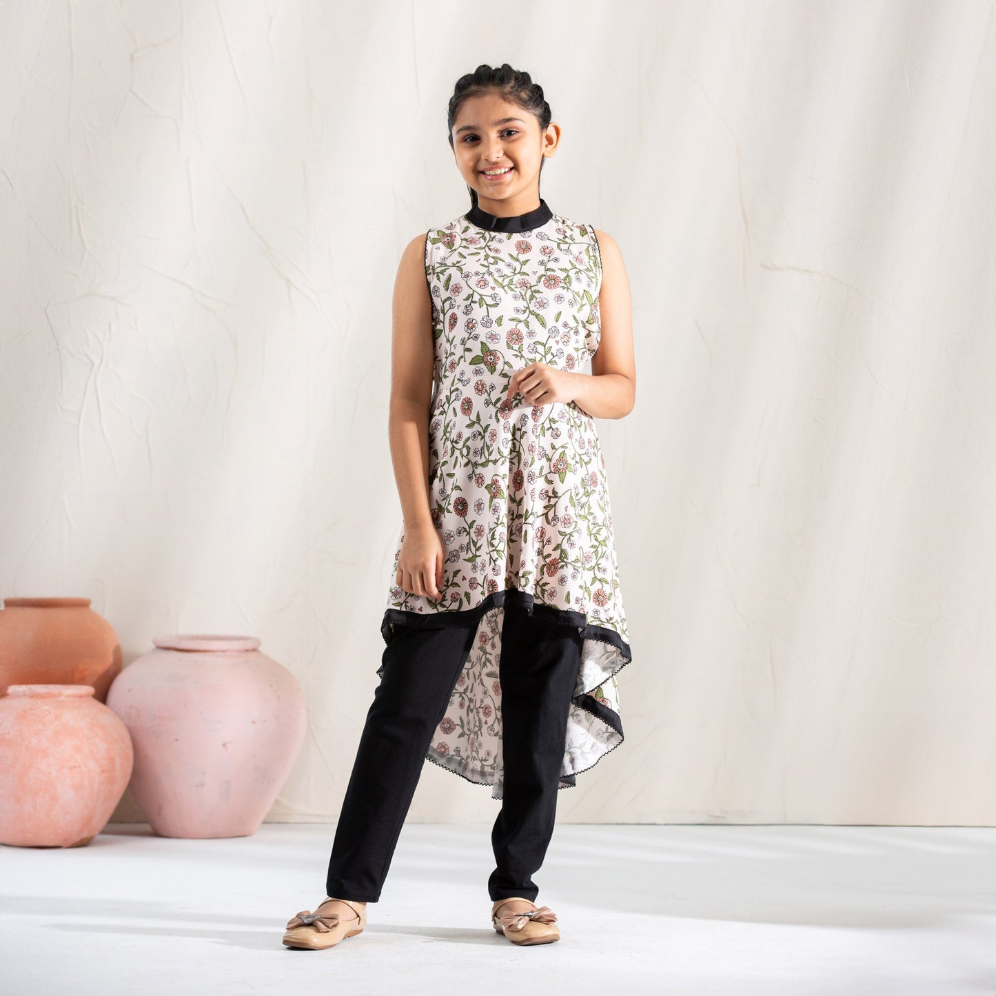 Girls Frock-Beige Print