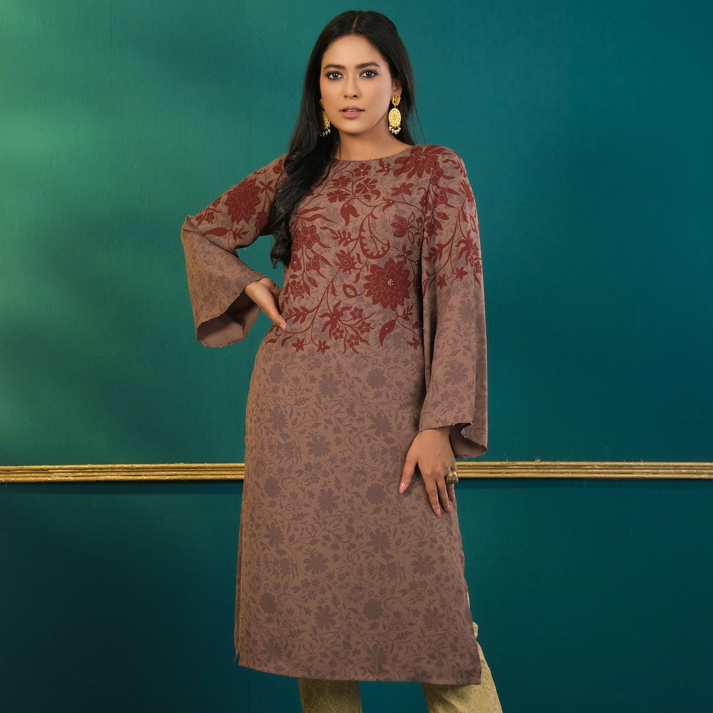 ETHNIC AVERAGE KURTI-BROWN