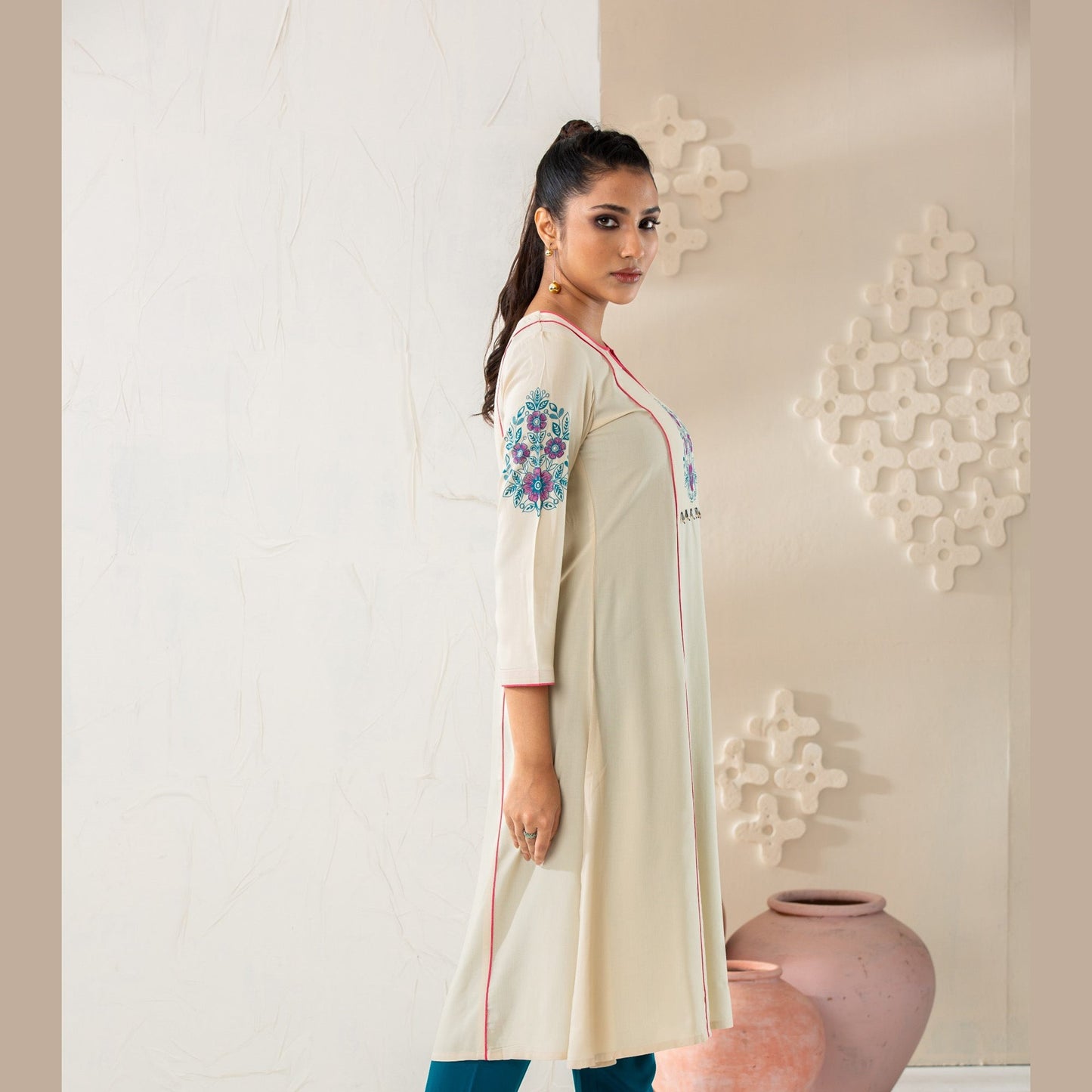 Womens Beige Linen Kurti