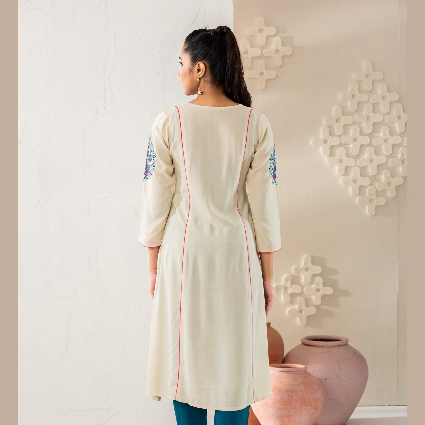 Womens Beige Linen Kurti