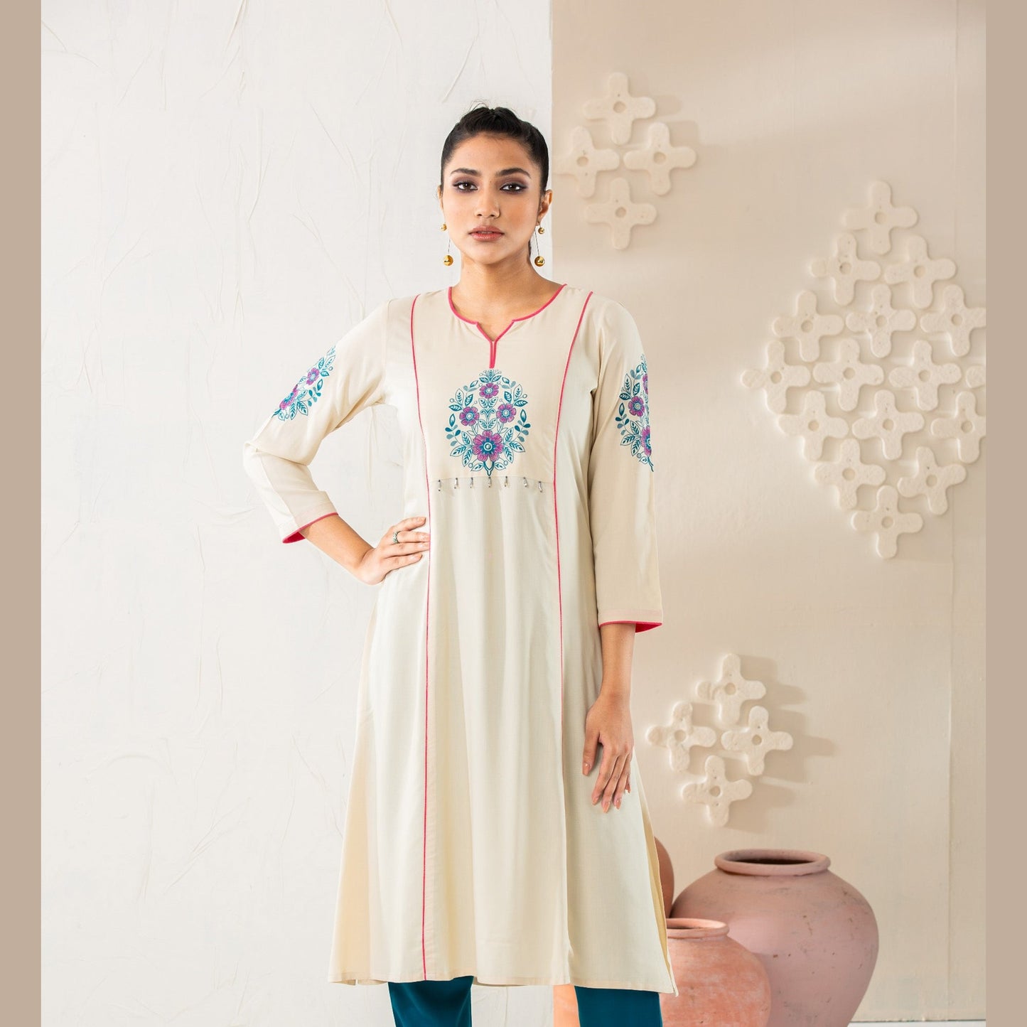 Womens Beige Linen Kurti