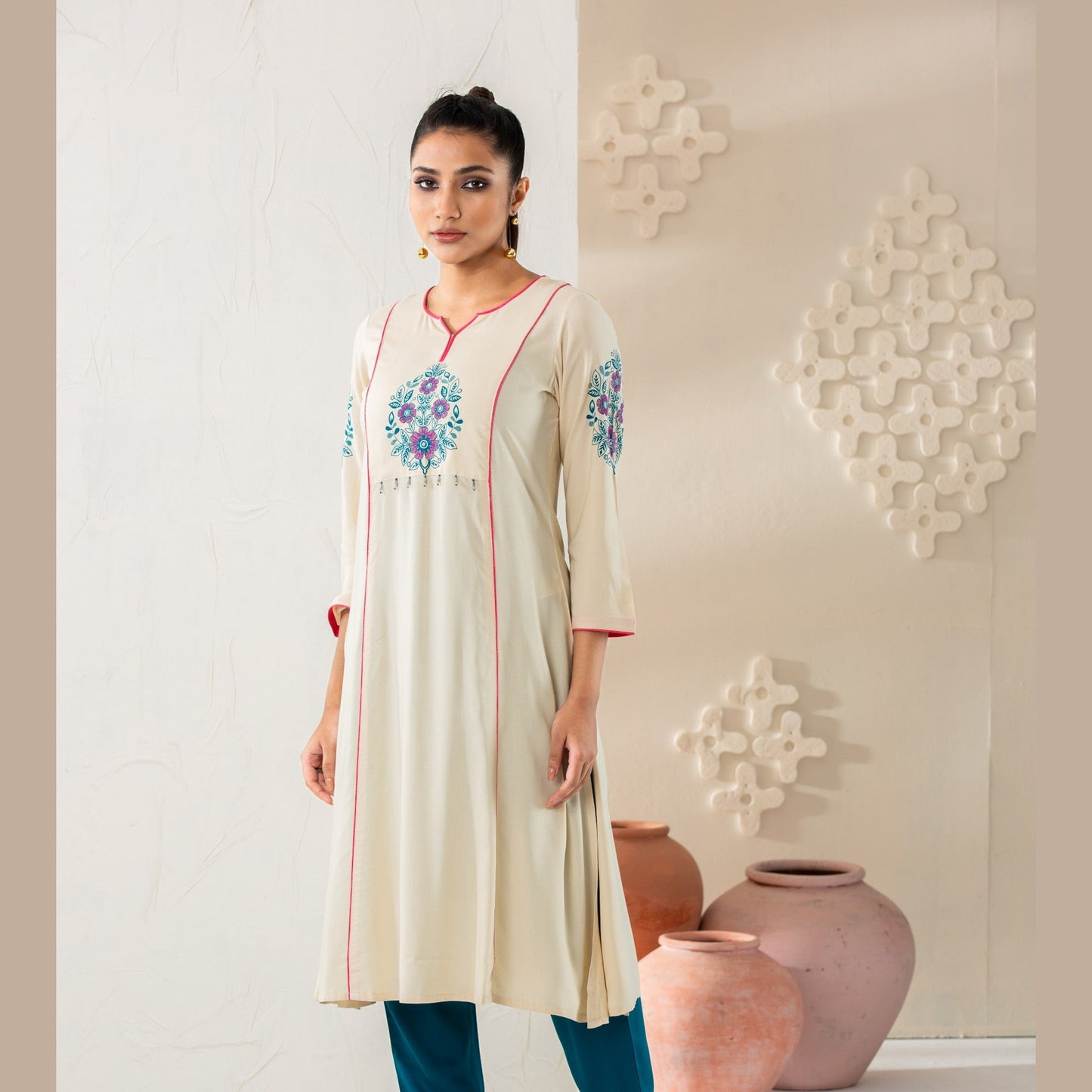Womens Beige Linen Kurti