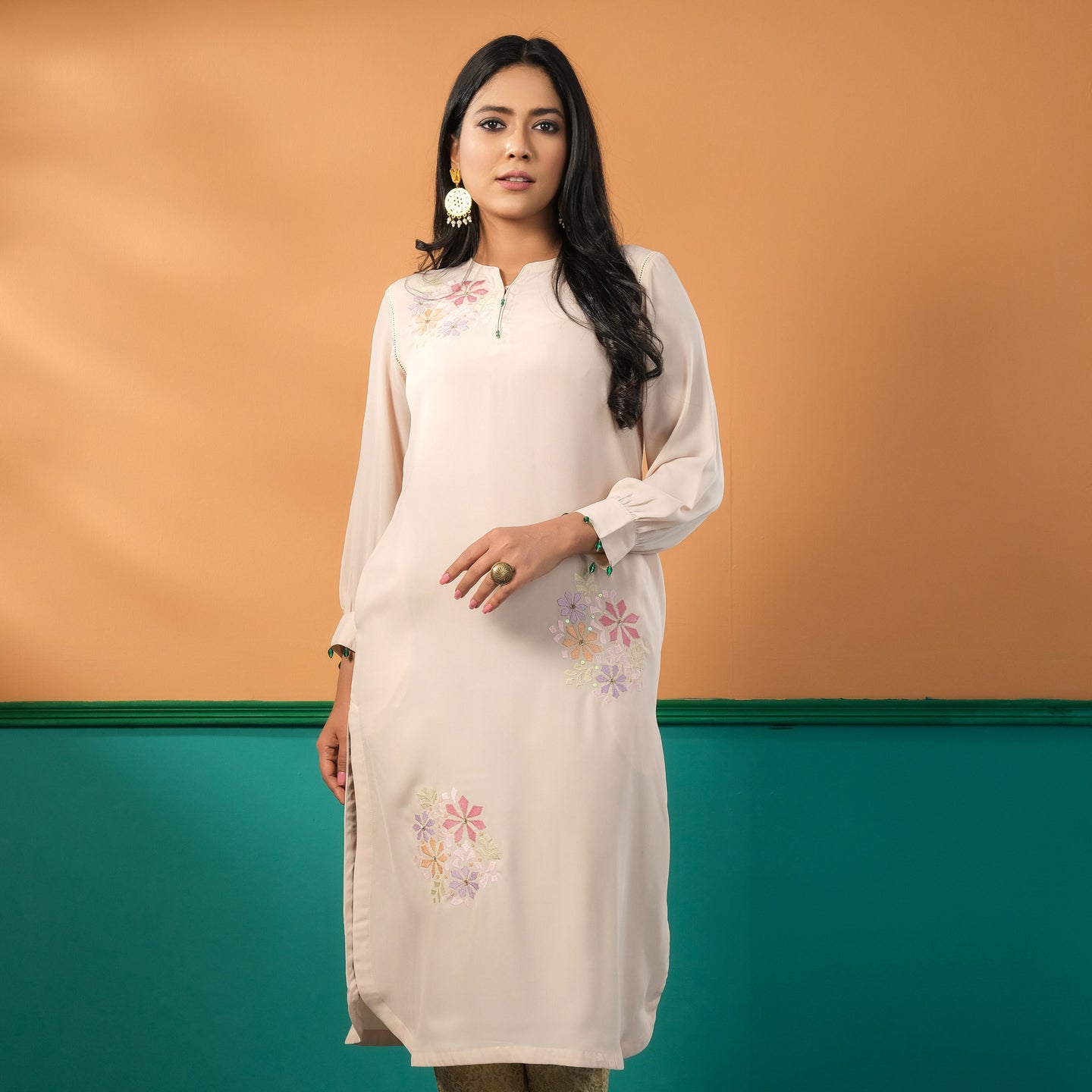 ETHNIC HIGH RANGE KURTI-BEIGE