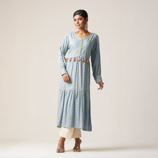 Womens Ethnic Fusion Kurti-Sky
