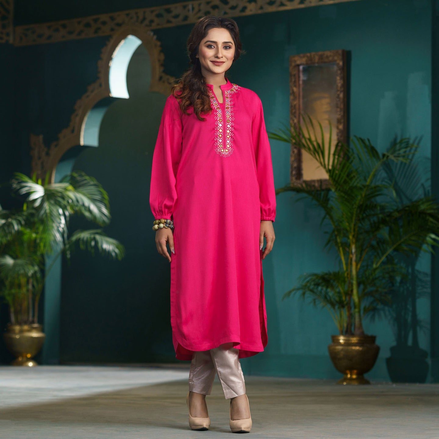 Women Hot Pink Embroidered Kurti