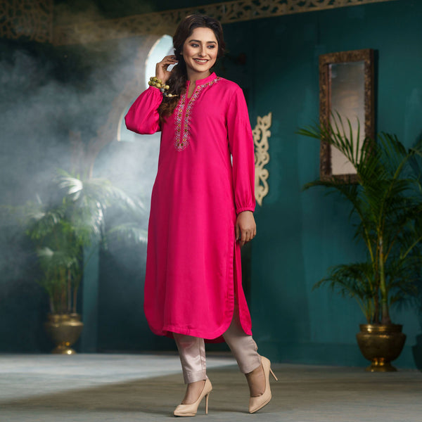 Women Hot Pink Embroidered Kurti